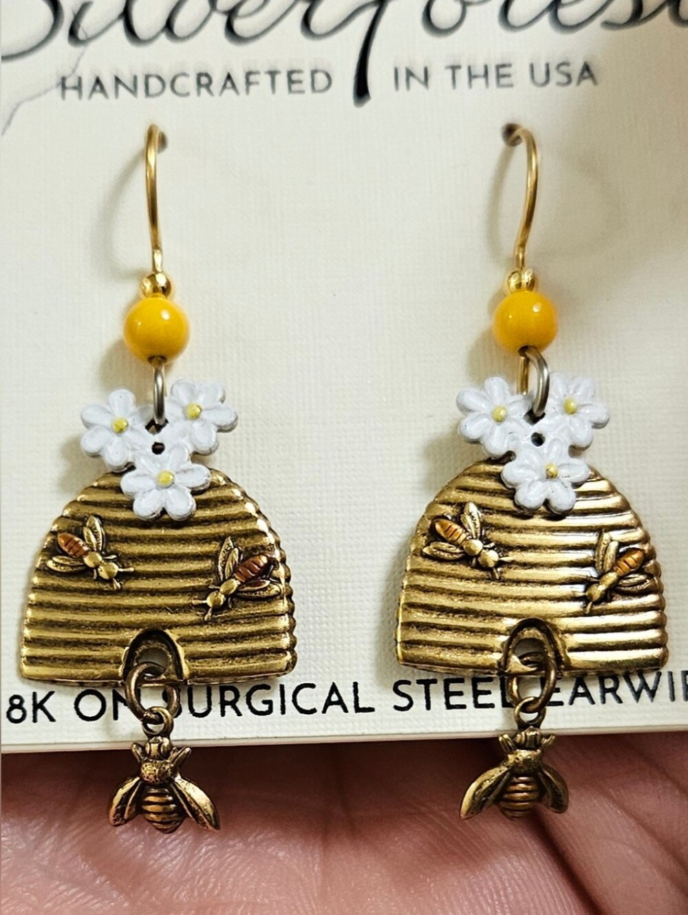 Silver Forest Beehive, Bee and Flower Drop Earrings 18K Gold-Tone Surgical Steel
